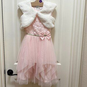 New Jona Michelle Lace Glittery Dress Girl Size 10 Pink Faux Fur Jacket Formal